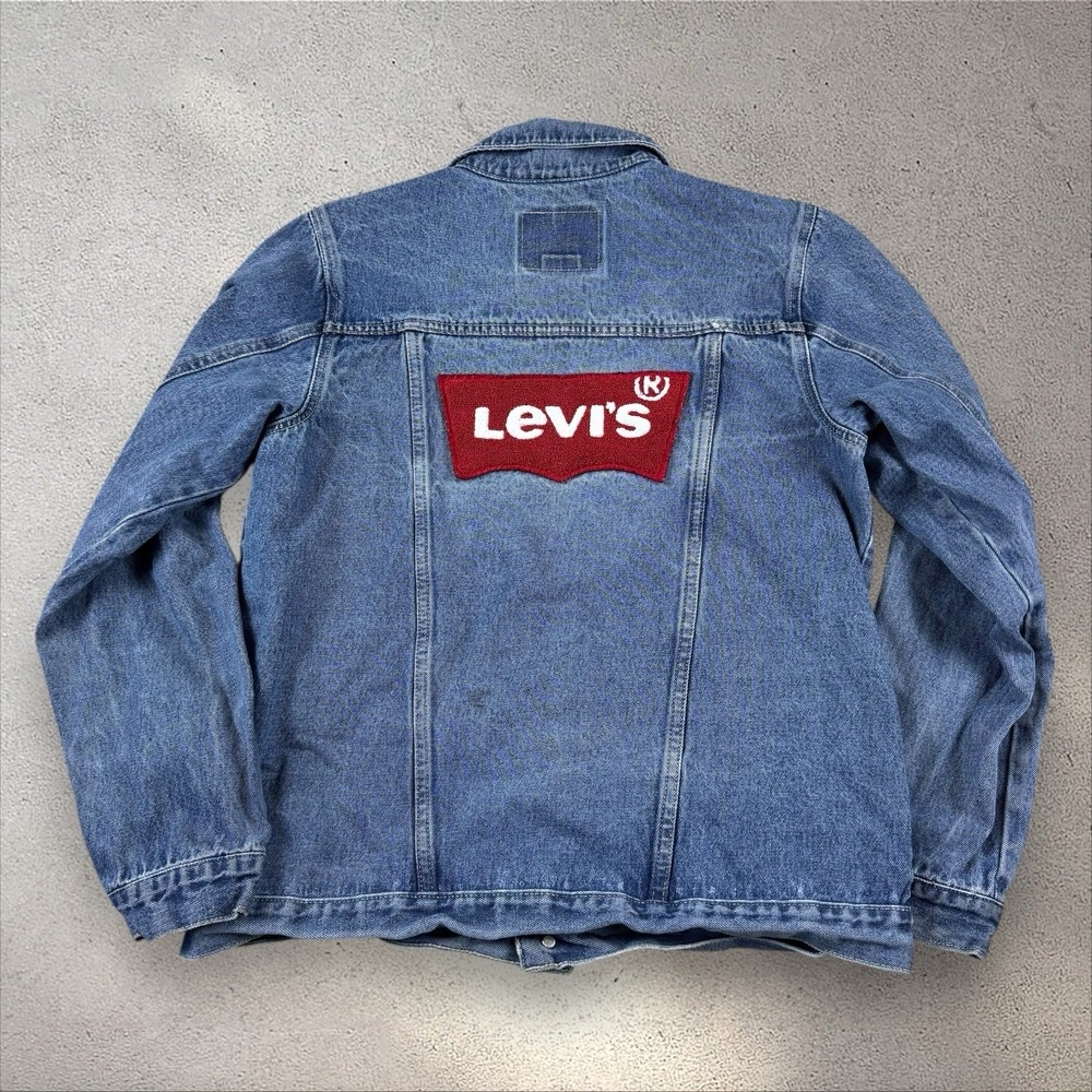 Levis Denim Jean Trucker Jacket Youth XL‎ Unisex Red Tab Logo Patch Arcuate